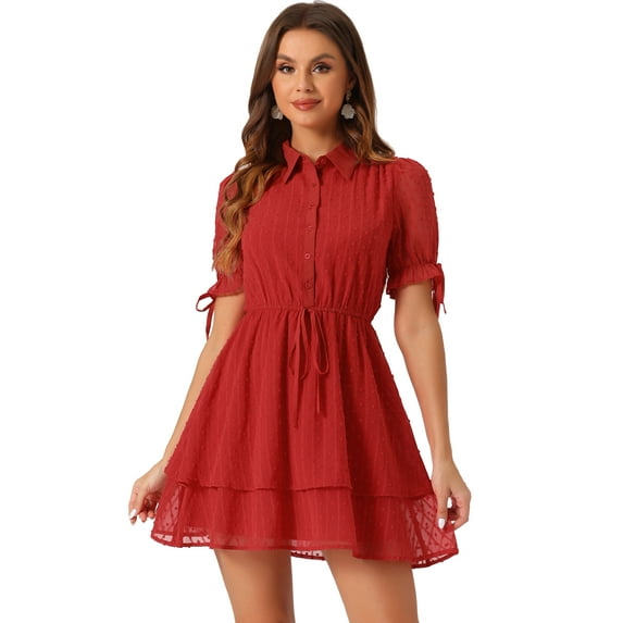 DARING DIVA Solid Short Sleeve A-Line Shirt Dress L Red
