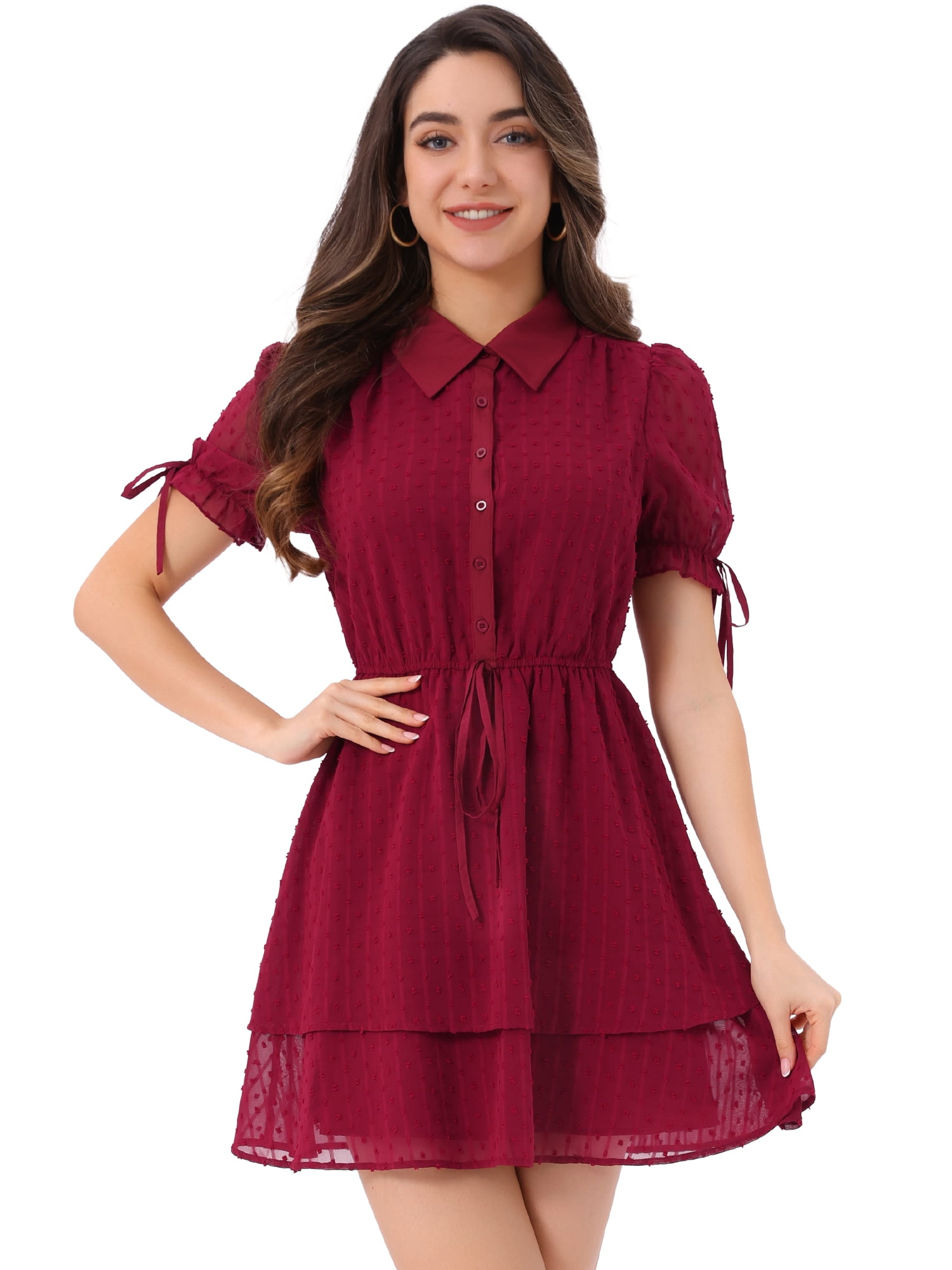 DARING DIVA Women's Gothic Collar Floral Drawstring Layered Chiffon Dress M Dark Red