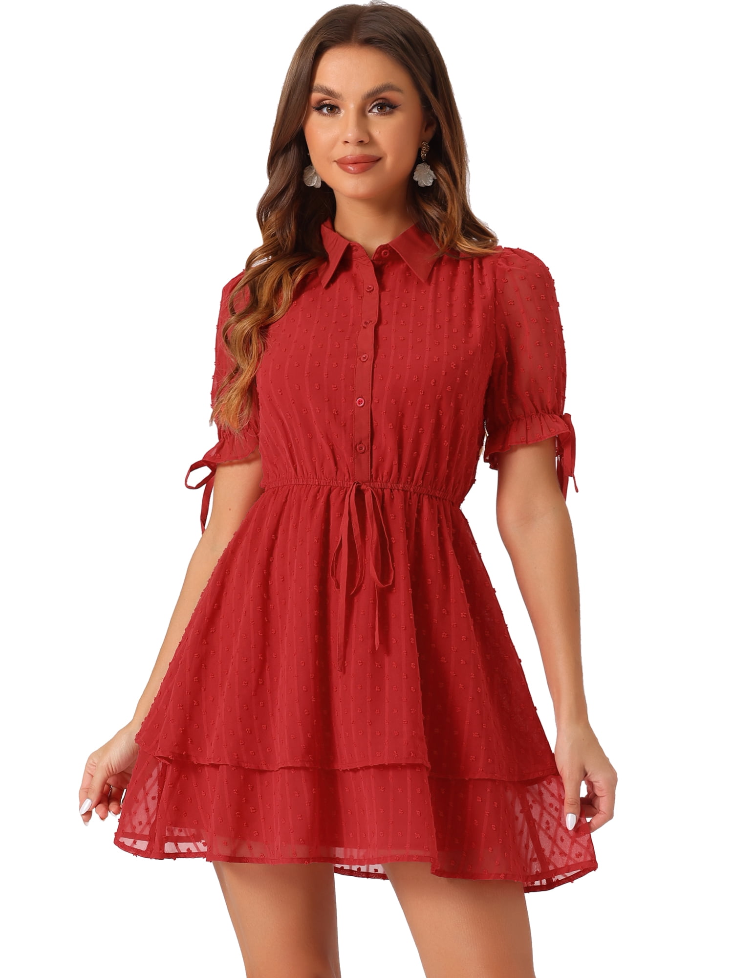DARING DIVA Solid Short Sleeve A-Line Shirt Dress XS Red