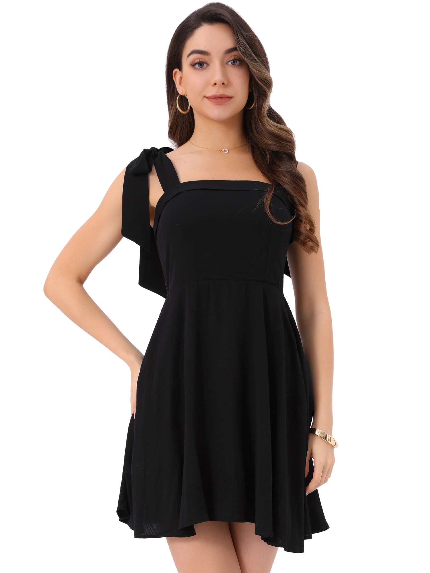 DARING DIVA Spaghetti Strap Casual Tie Shoulder Smocked Mini Dress M Black