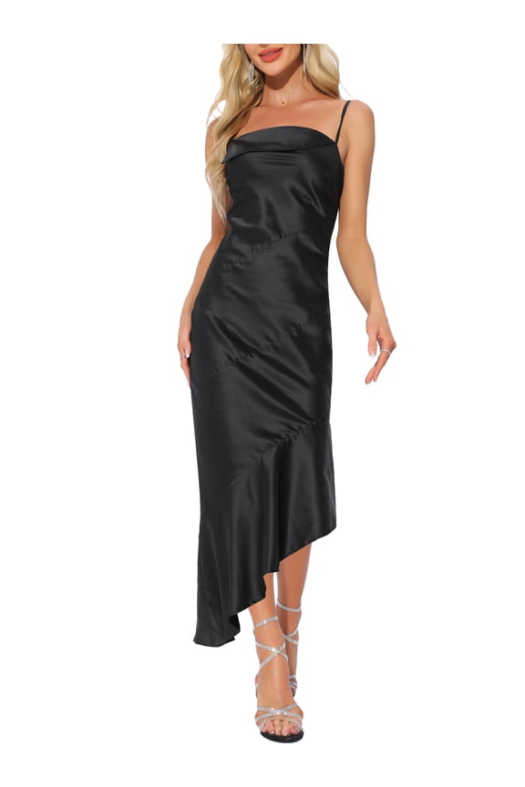 Spaghetti Strap Satin Midi Sleeveless Cocktail Dress L Black