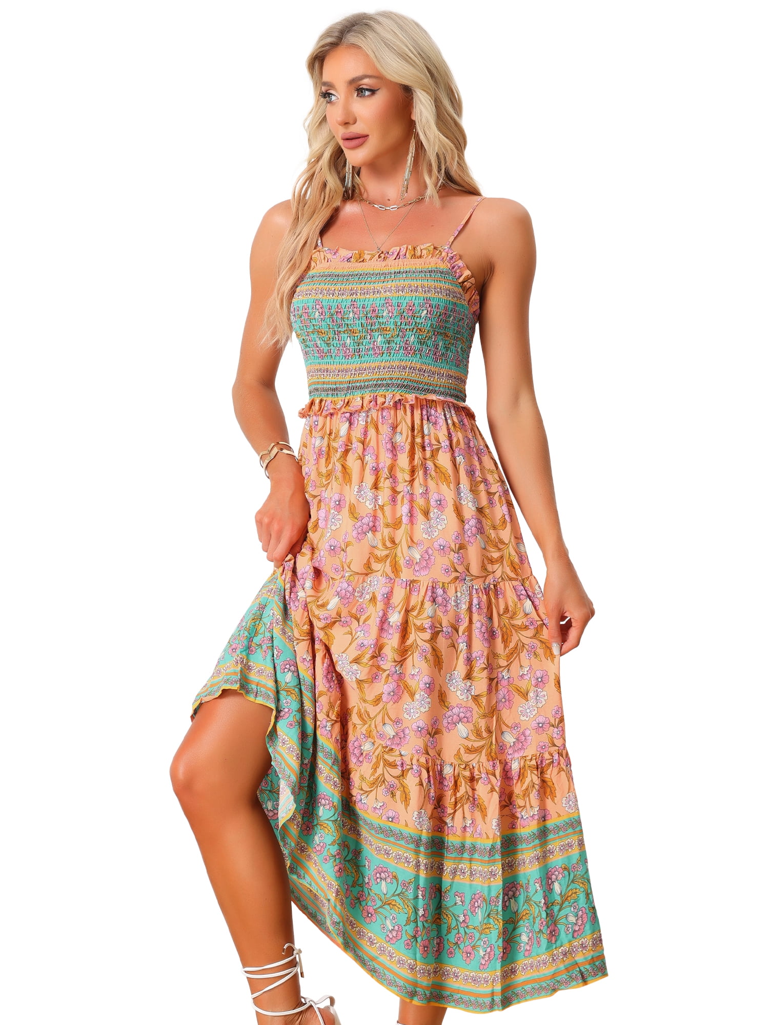 DARING DIVA Spaghetti Strap Smocked Maxi Boho Floral Dress L Orange