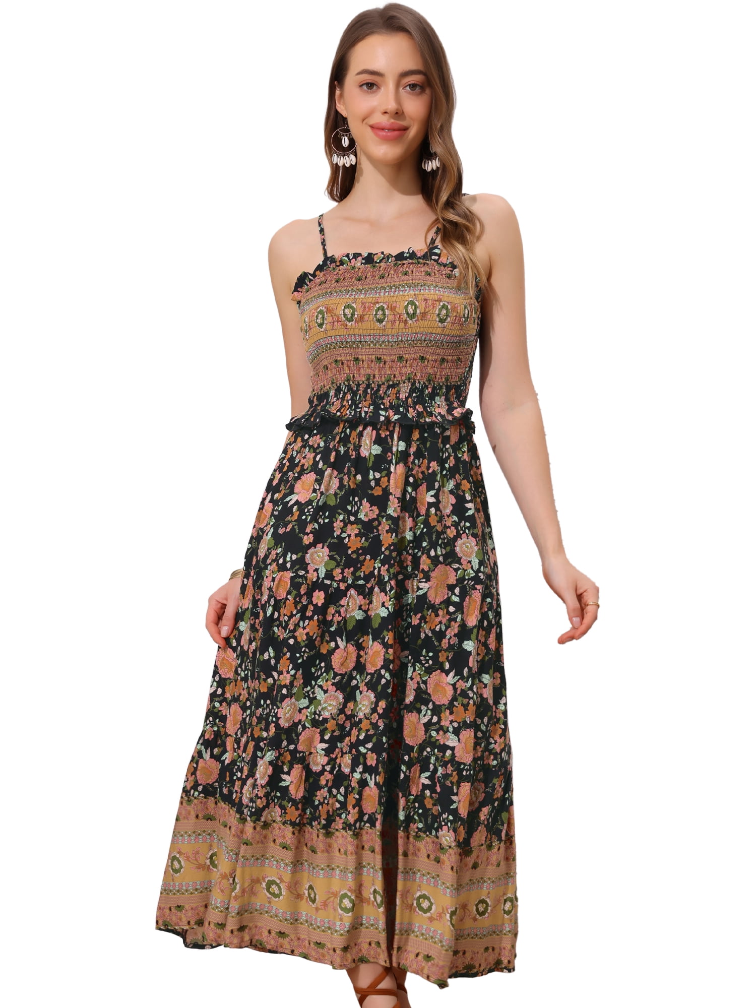 DARING DIVA Spaghetti Strap Smocked Maxi Boho Floral Dress M Black