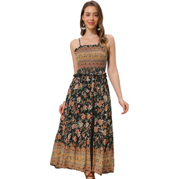 DARING DIVA Spaghetti Strap Smocked Maxi Boho Floral Dress M Black