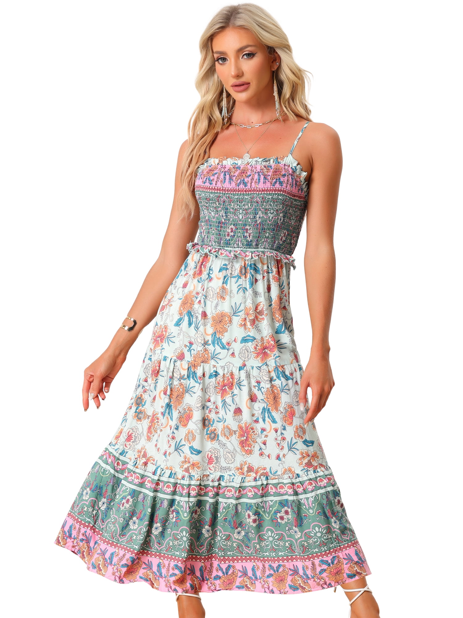 DARING DIVA Spaghetti Strap Smocked Maxi Boho Floral Dress M Light Green