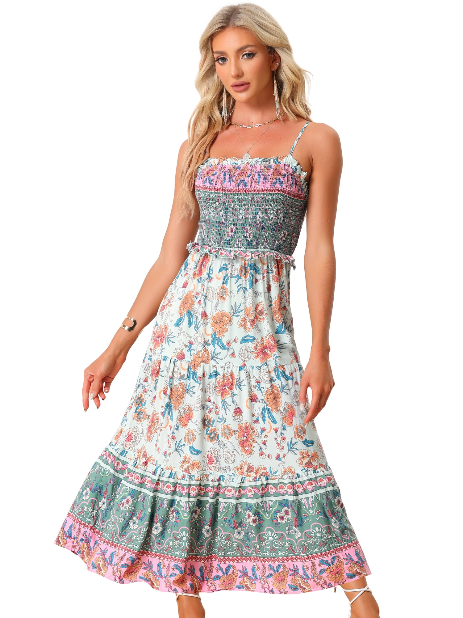 DARING DIVA Spaghetti Strap Smocked Maxi Boho Floral Dress S Light Green