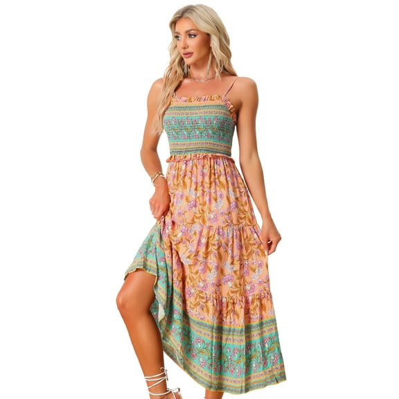 DARING DIVA Spaghetti Strap Smocked Maxi Boho Floral Dress S Orange