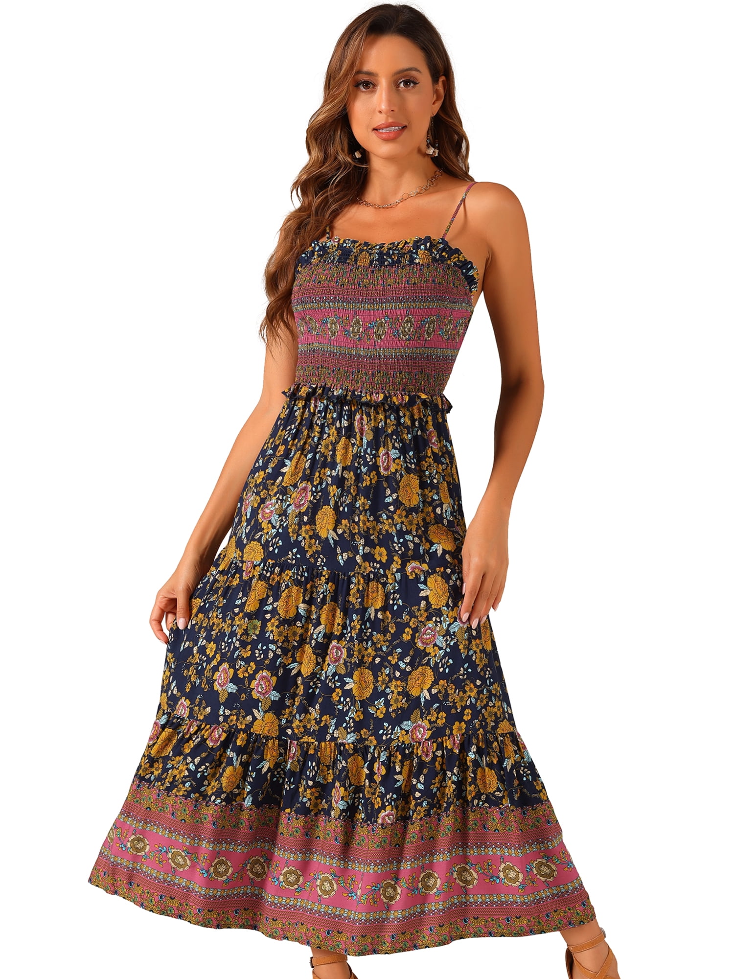 DARING DIVA Spaghetti Strap Smocked Maxi Boho Floral Dress XL Navy Blue