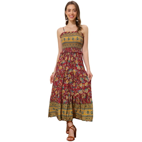 DARING DIVA Spaghetti Strap Smocked Maxi Boho Floral Dress XL Red