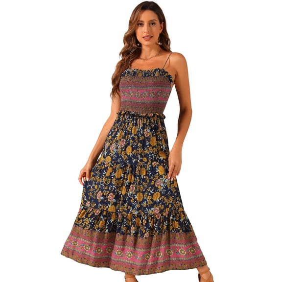 DARING DIVA Spaghetti Strap Smocked Maxi Boho Floral Dress XS Navy Blue