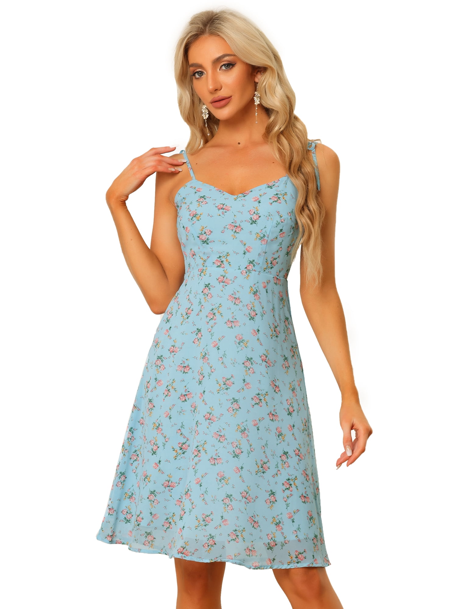 DARING DIVA Spaghetti Strap Summer Floral Print Midi Dress L Light Blue