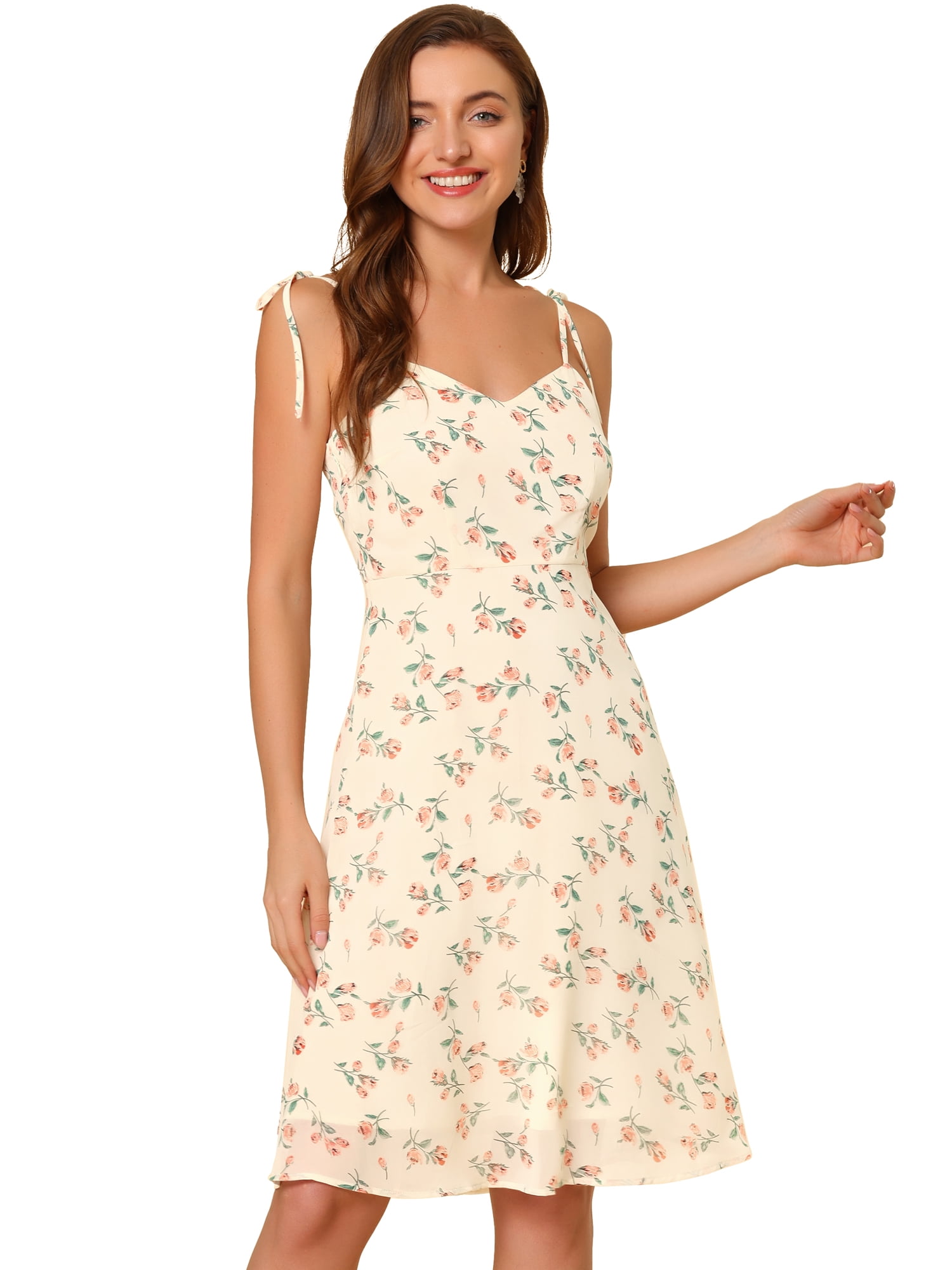 DARING DIVA Spaghetti Strap Summer Floral Print Midi Dress S Beige