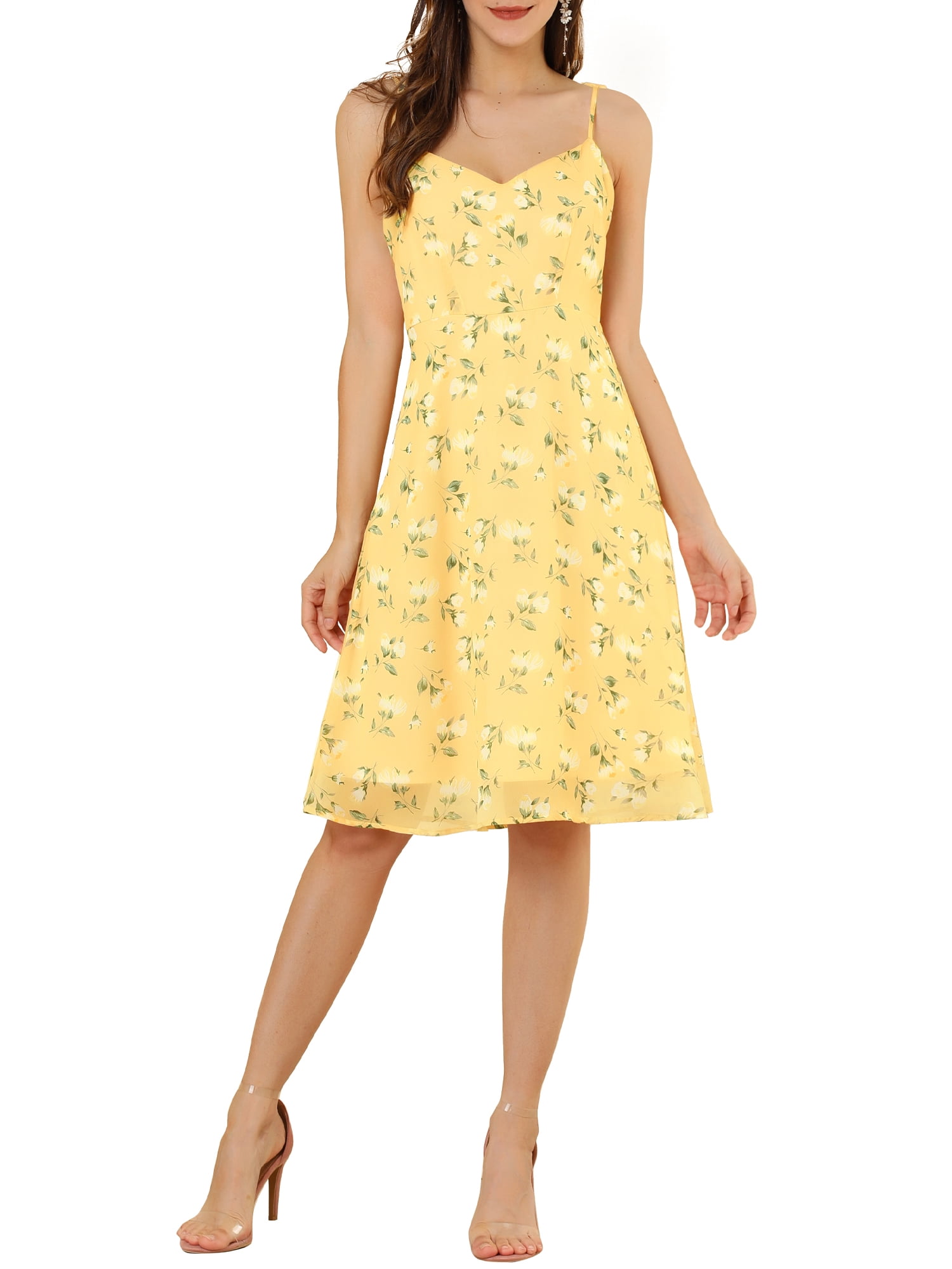 DARING DIVA Spaghetti Strap Summer Floral Print Midi Dress XS Yellow