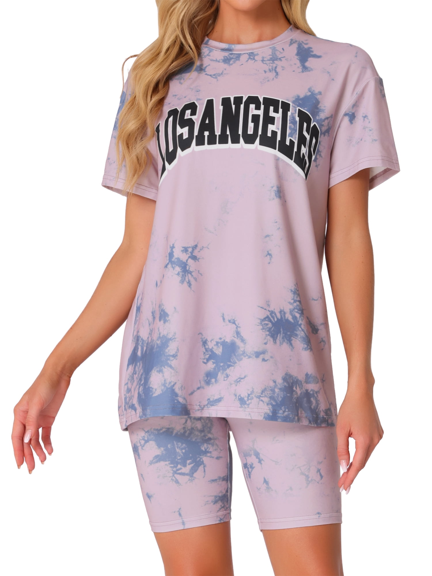 DARING DIVA Sport Sweatsuit Tie Dye Pullover Top Biker Shorts Pajama Set M Dark Pink