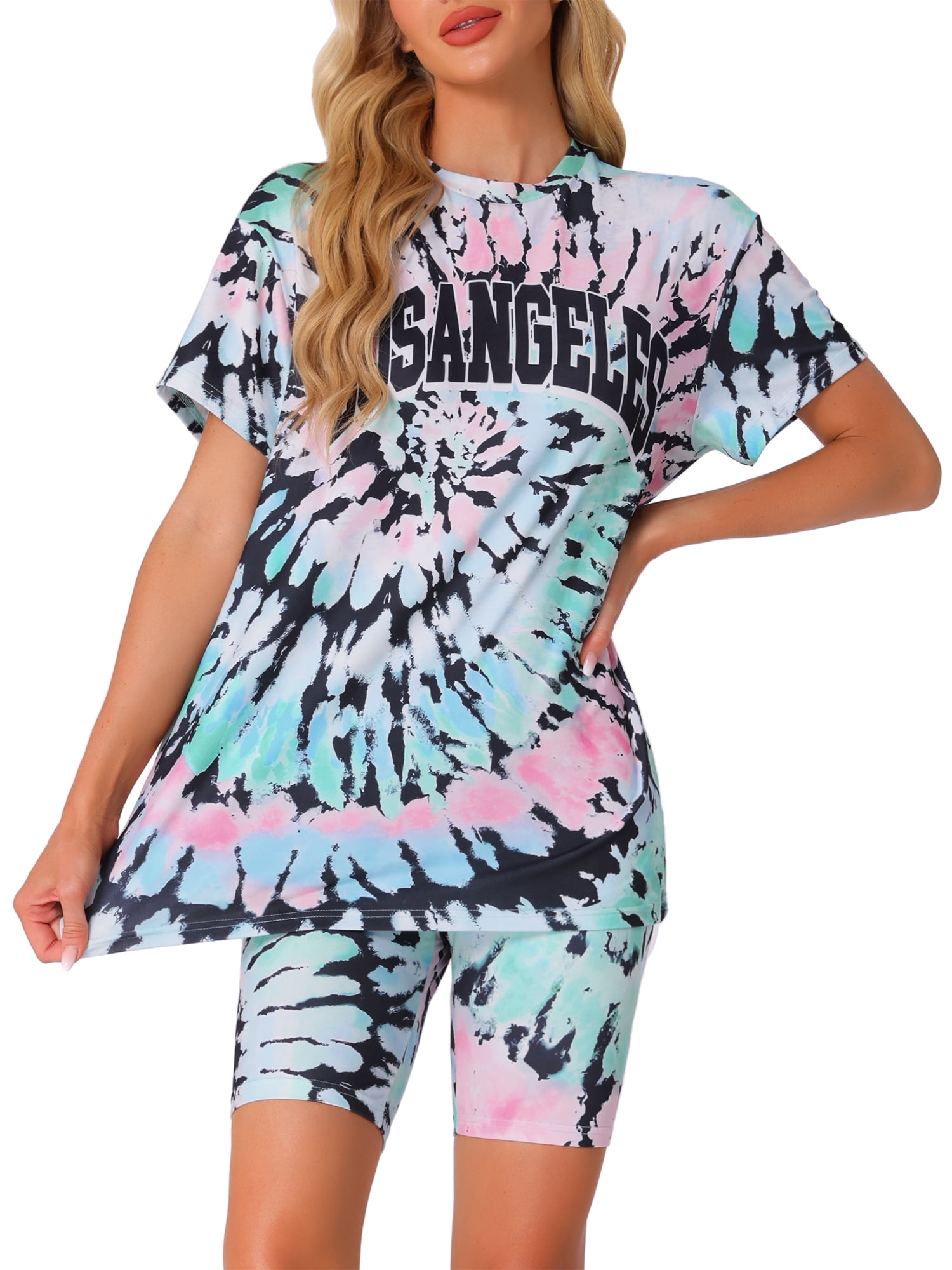 DARING DIVA Sport Sweatsuit Tie Dye Pullover Top Biker Shorts Pajama Set XS Blue Pink