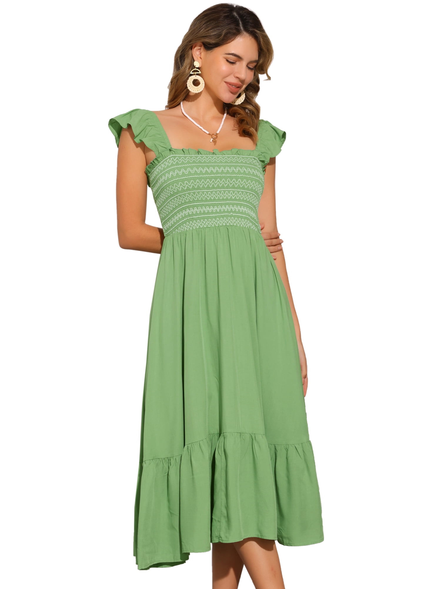 DARING DIVA Square Neck Boho Sleeveless Ruffle Tiered Smocked Sundress L Dark Green