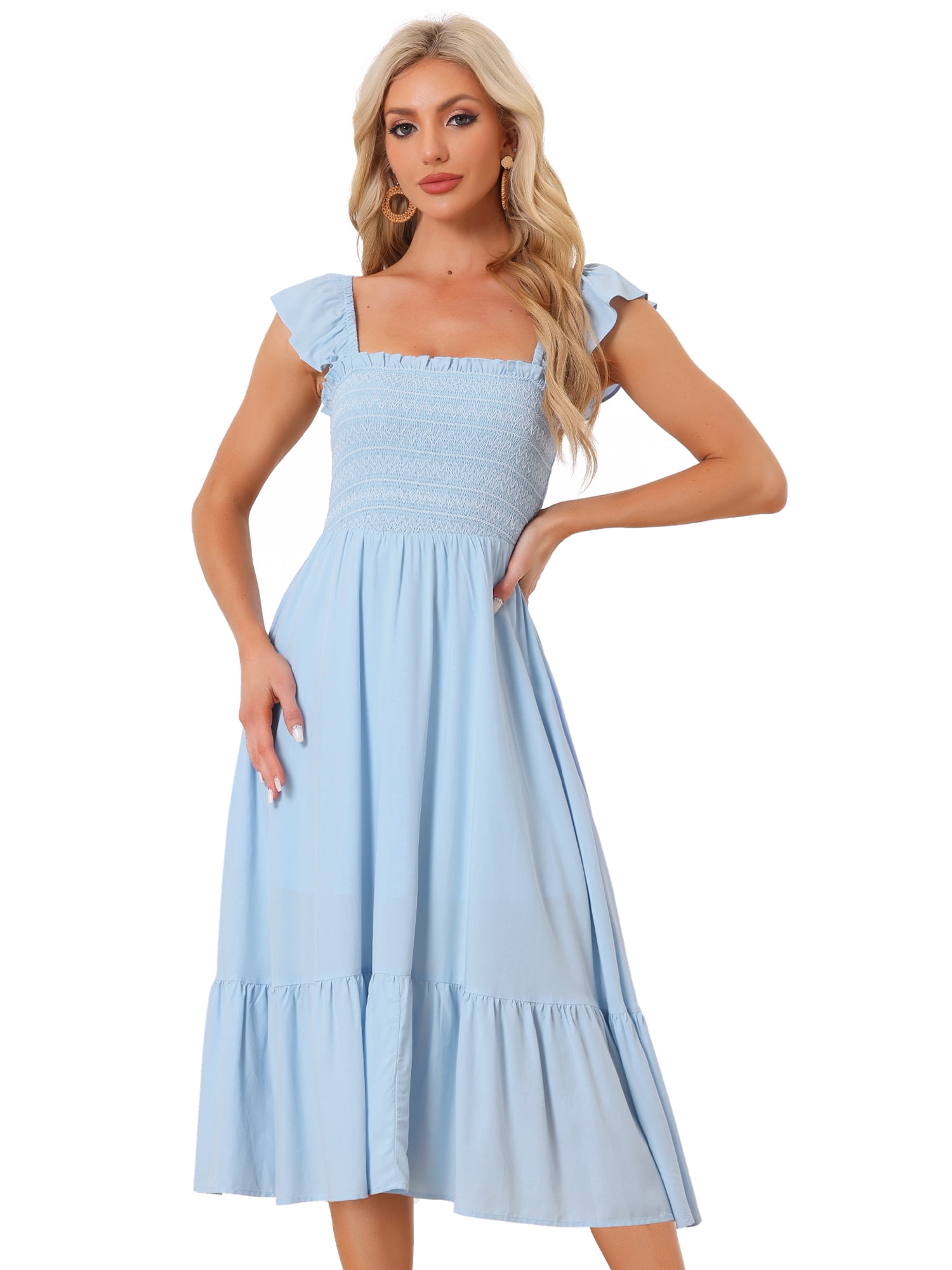 DARING DIVA Square Neck Boho Sleeveless Ruffle Tiered Smocked Sundress L Light Blue