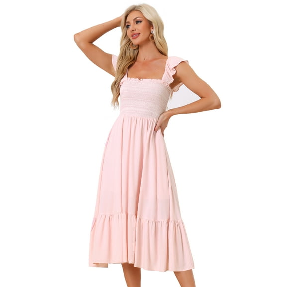 DARING DIVA Square Neck Boho Sleeveless Ruffle Tiered Smocked Sundress L Pink