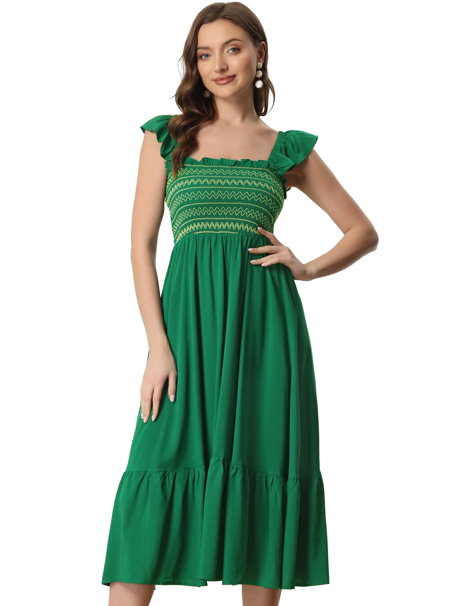 DARING DIVA Square Neck Boho Sleeveless Ruffle Tiered Smocked Sundress S Green
