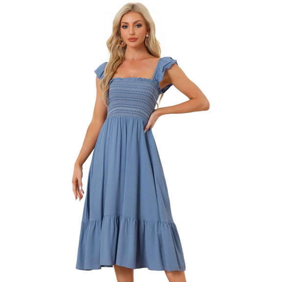 DARING DIVA Square Neck Boho Sleeveless Ruffle Tiered Smocked Sundress S Grey Blue