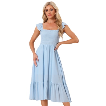 DARING DIVA Square Neck Boho Sleeveless Ruffle Tiered Smocked Sundress XL Light Blue