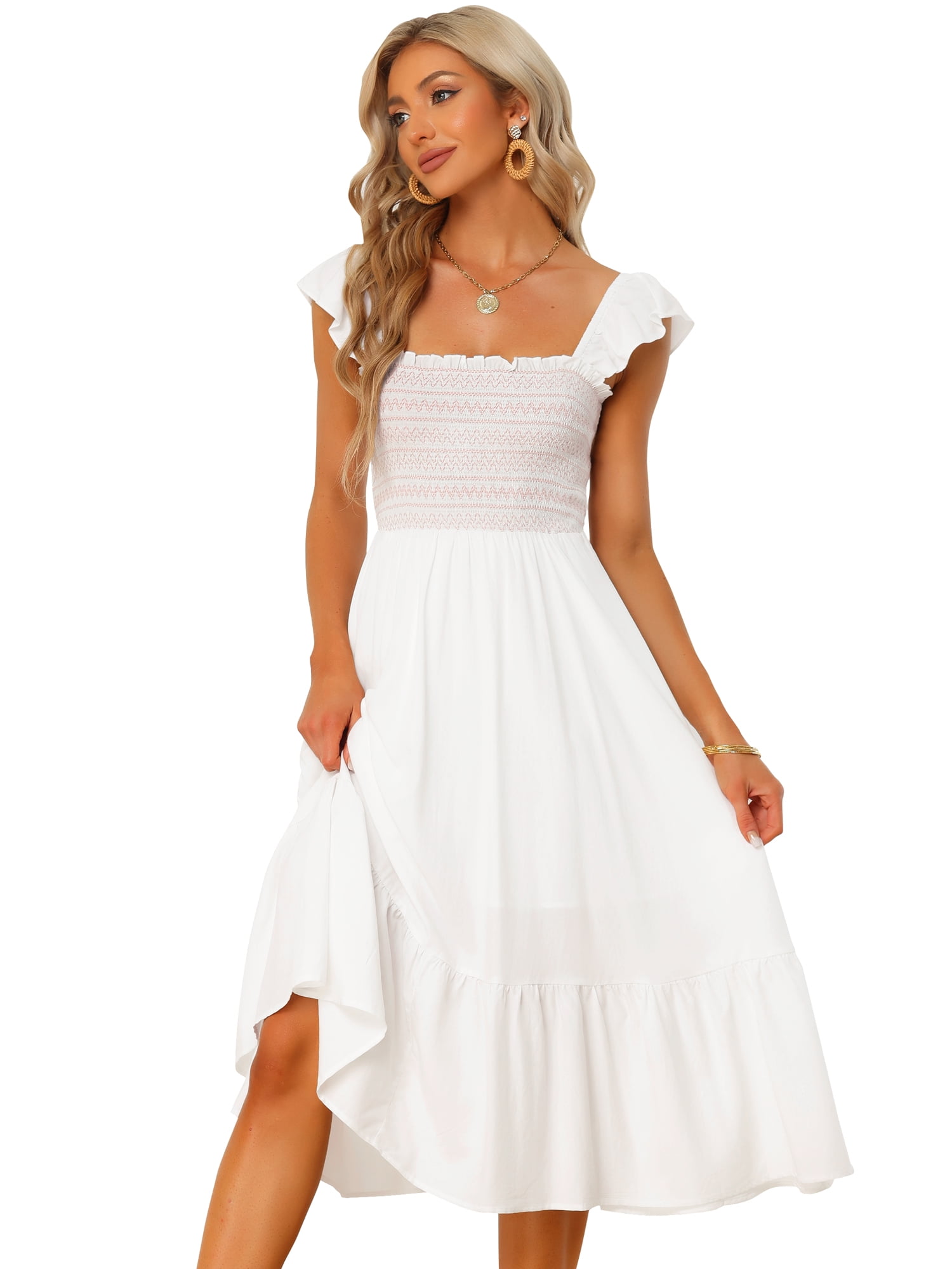 DARING DIVA Square Neck Boho Sleeveless Ruffle Tiered Smocked Sundress XS White