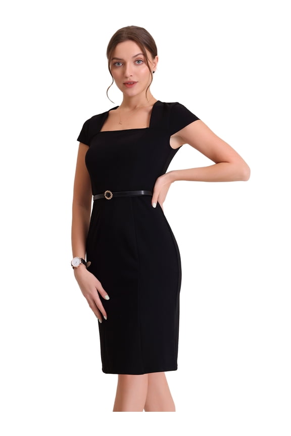 Square Neck Cap Sleeve Belted Sheath Dress L Black