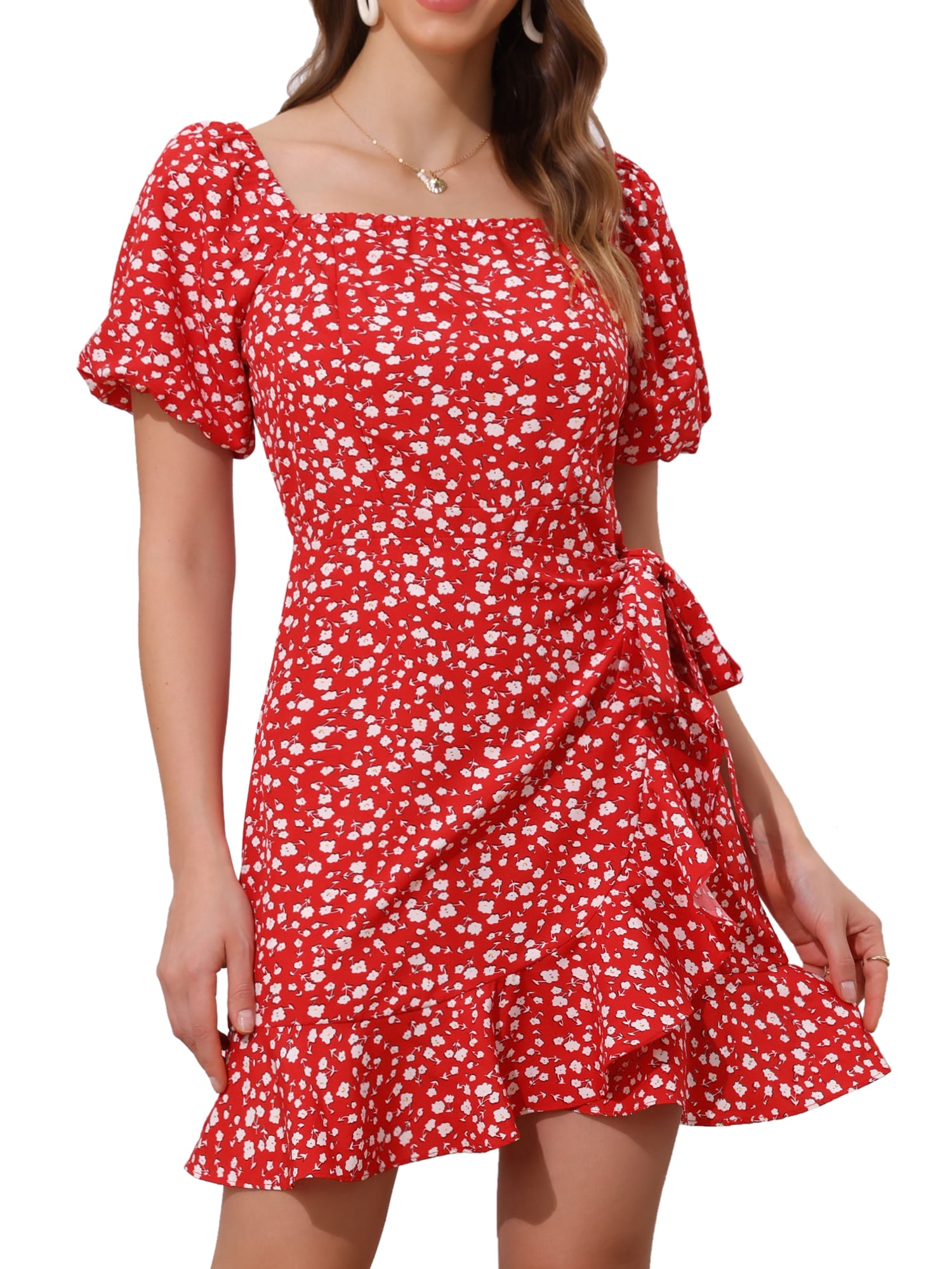 DARING DIVA Square Neck Floral Puff Sleeve Tie Waist Flowy Dress XS Red