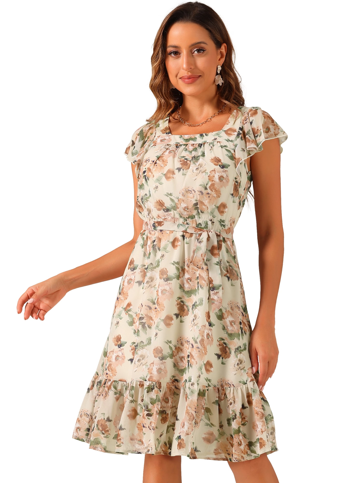 DARING DIVA Square Neck Flutter Sleeve A-Line Midi Dress L Beige