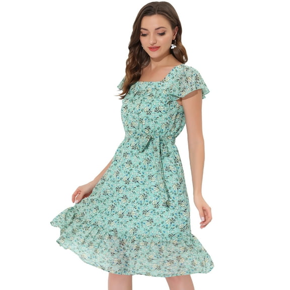 DARING DIVA Square Neck Flutter Sleeve A-Line Midi Dress L Green