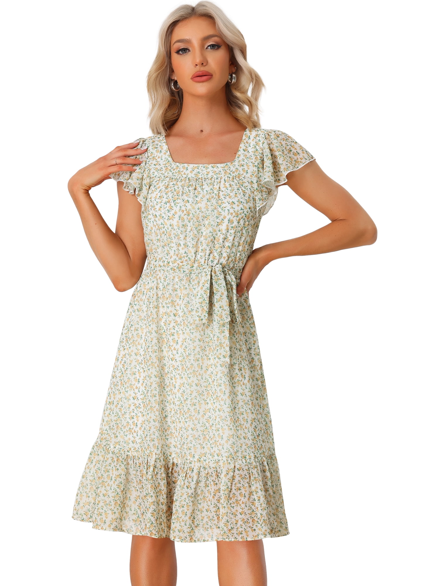 DARING DIVA Square Neck Flutter Sleeve A-Line Midi Dress L White Yellow