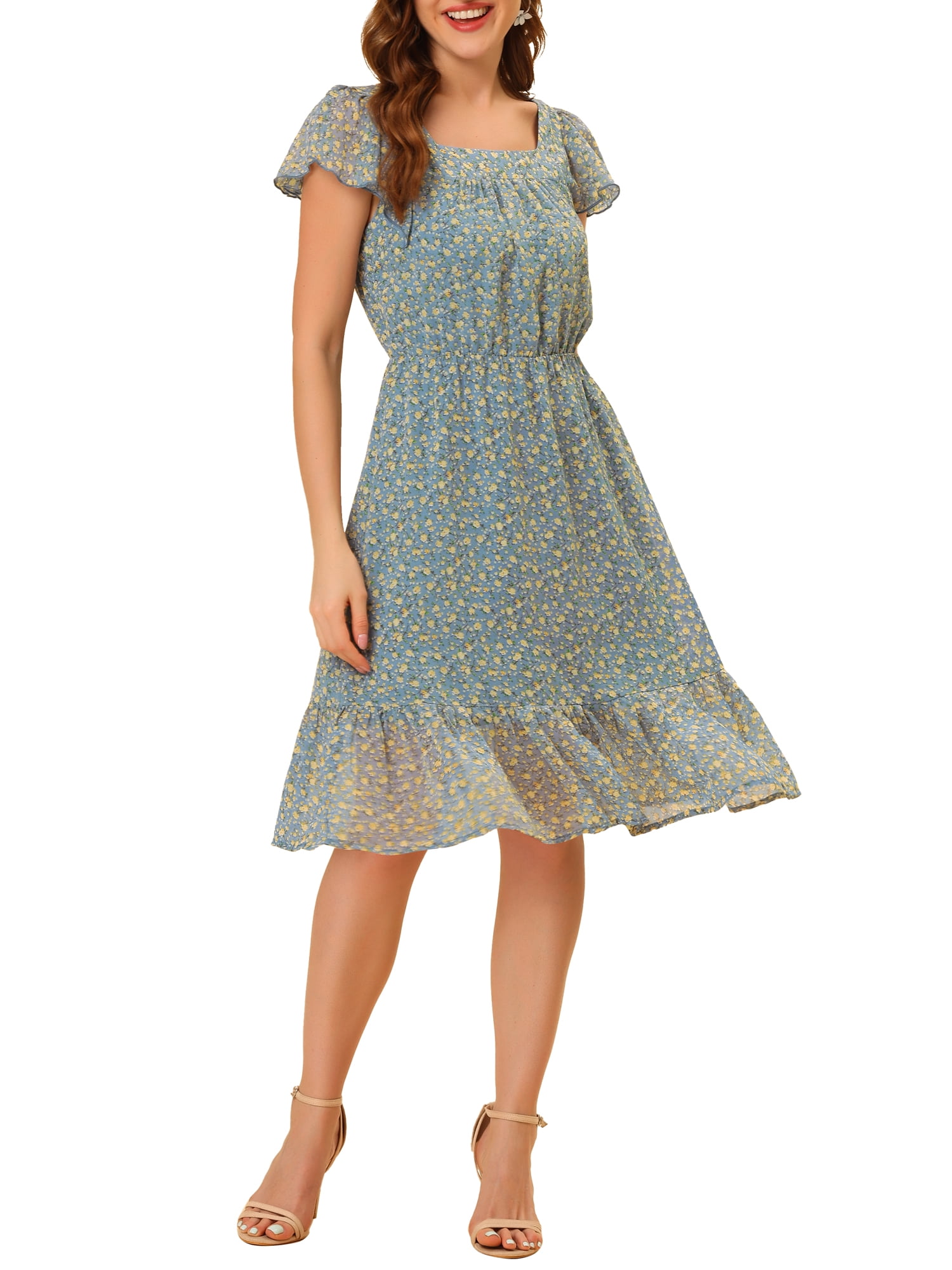 DARING DIVA Square Neck Flutter Sleeve A-Line Midi Dress M Blue Gray