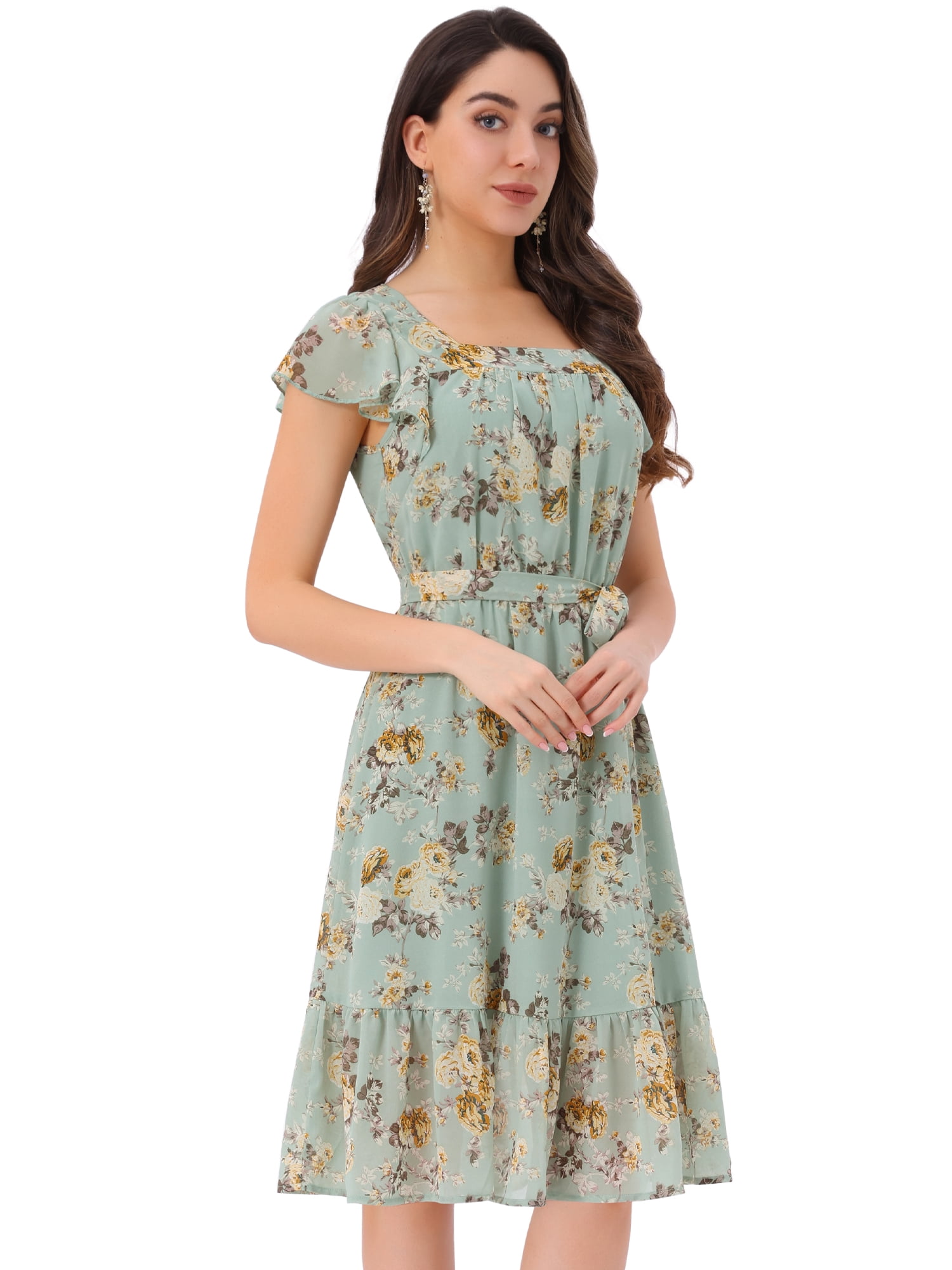 DARING DIVA Square Neck Flutter Sleeve A-Line Midi Dress M Pea Green