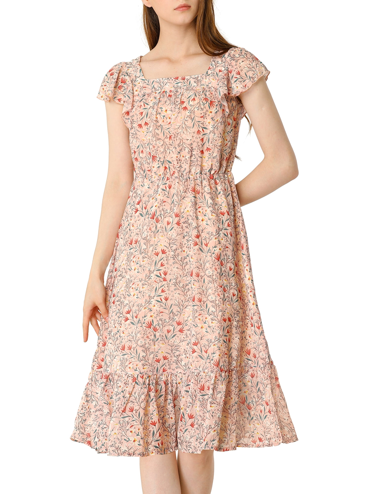 DARING DIVA Square Neck Flutter Sleeve A-Line Midi Dress M Pink