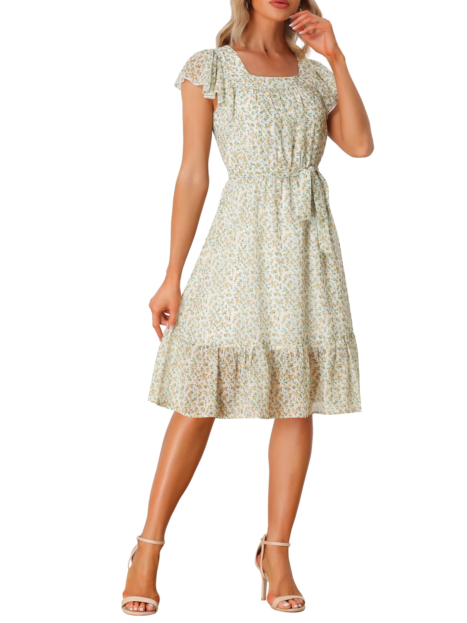 DARING DIVA Square Neck Flutter Sleeve A-Line Midi Dress M White Yellow