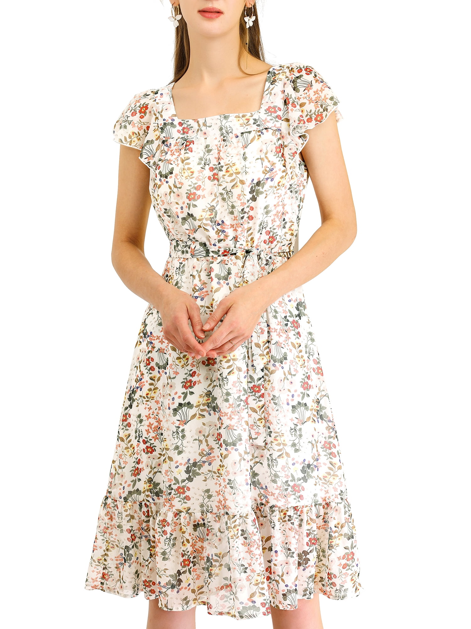 DARING DIVA Square Neck Flutter Sleeve A-Line Midi Dress M White