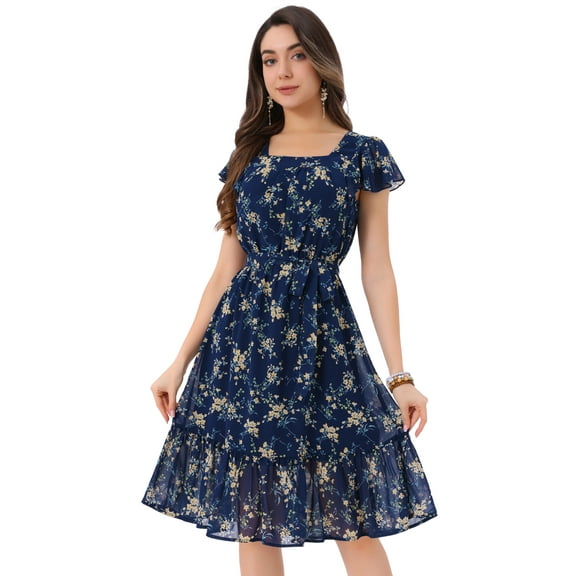 DARING DIVA Square Neck Flutter Sleeve A-Line Midi Dress S Blue