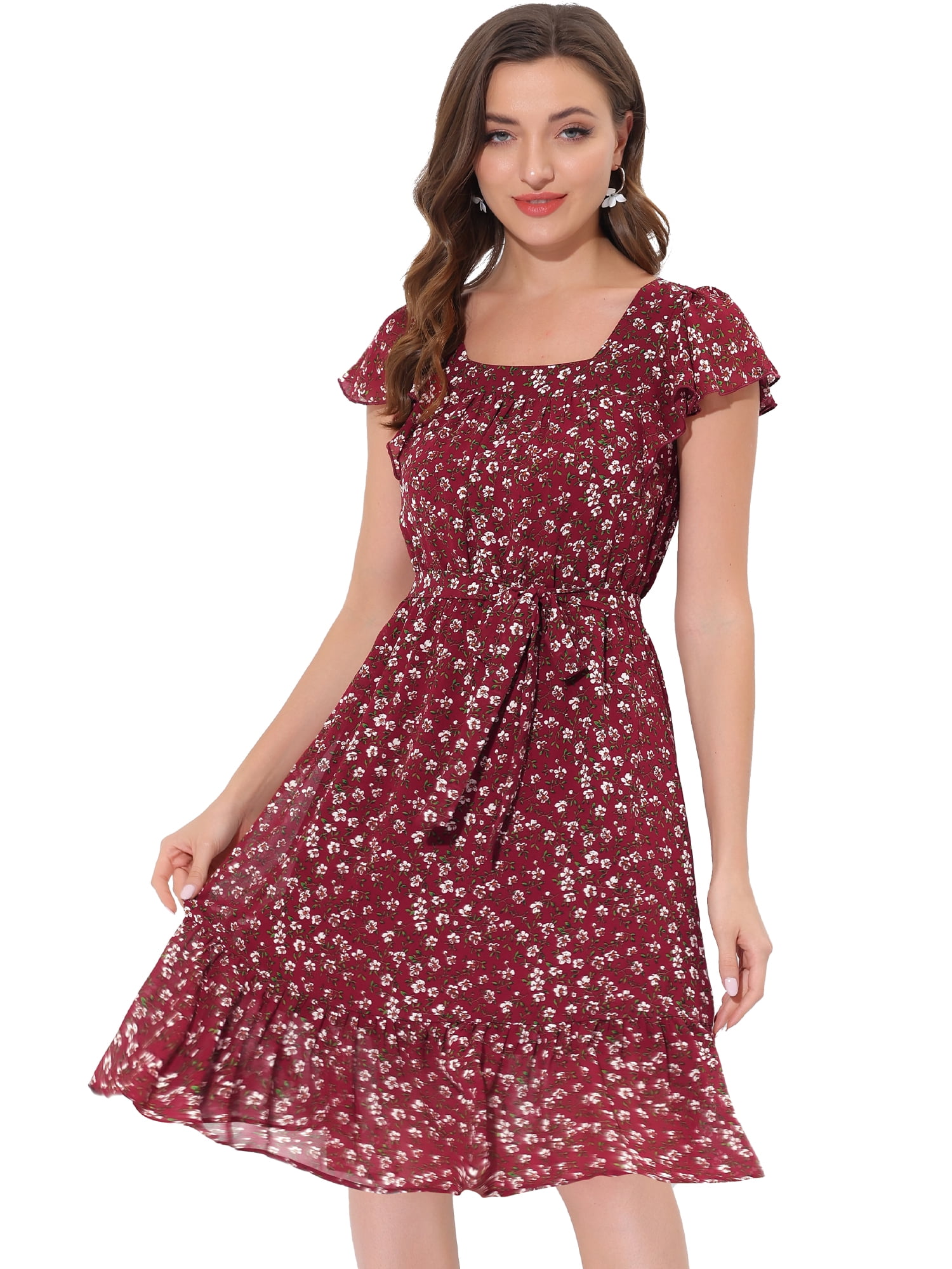 DARING DIVA Square Neck Flutter Sleeve A-Line Midi Dress S Burgundy