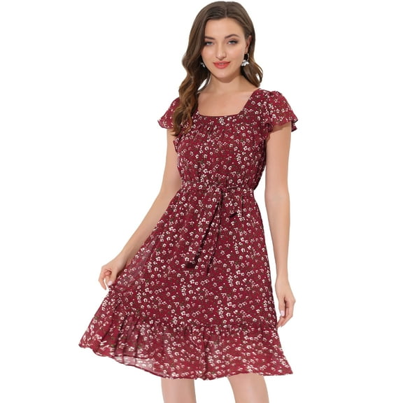 DARING DIVA Square Neck Flutter Sleeve A-Line Midi Dress S Burgundy