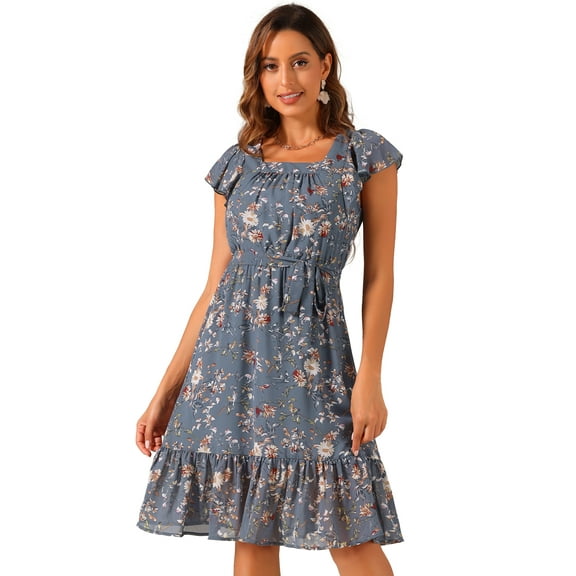 DARING DIVA Square Neck Flutter Sleeve A-Line Midi Dress S Dusty Blue