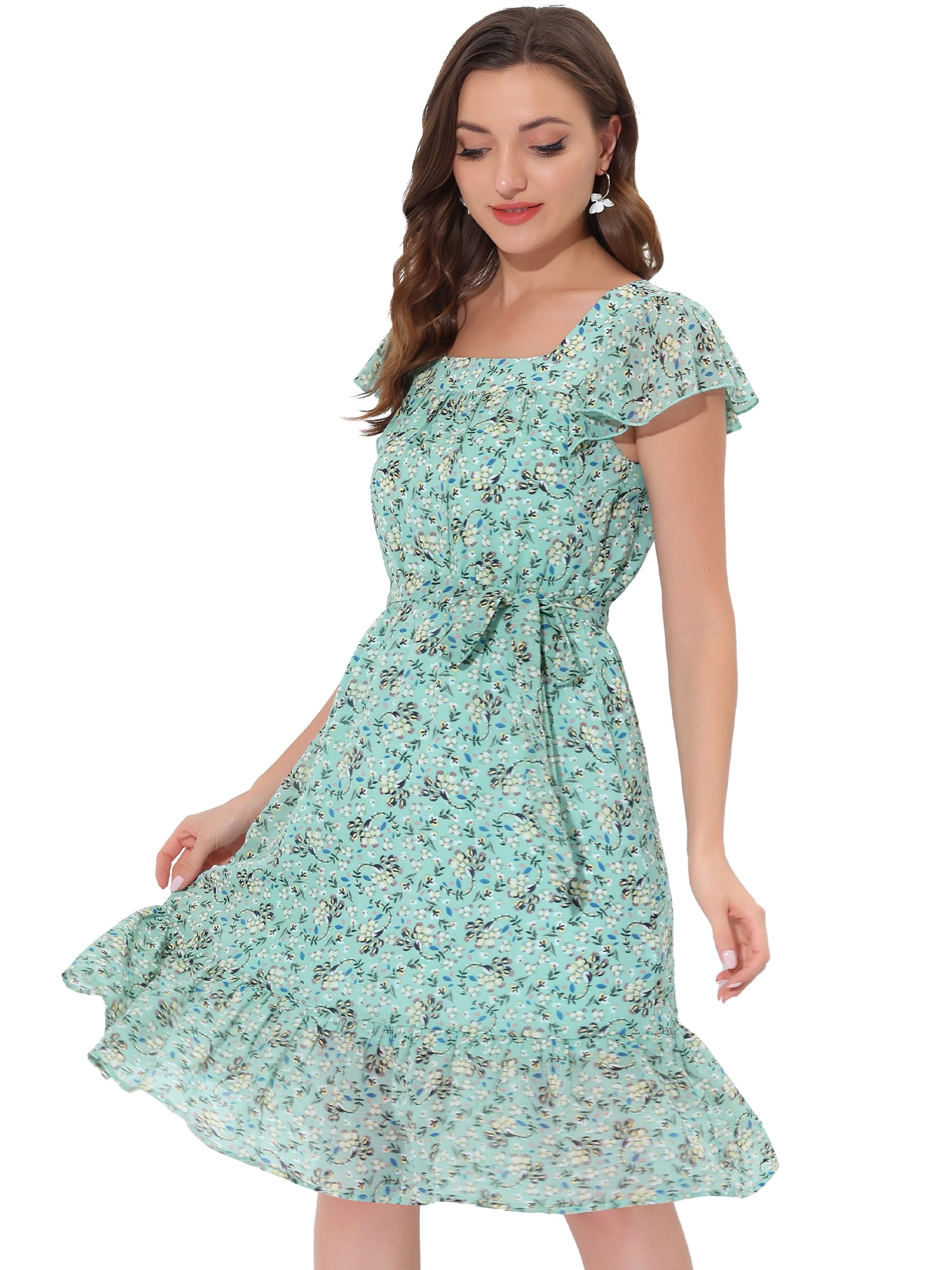 DARING DIVA Square Neck Flutter Sleeve A-Line Midi Dress S Green