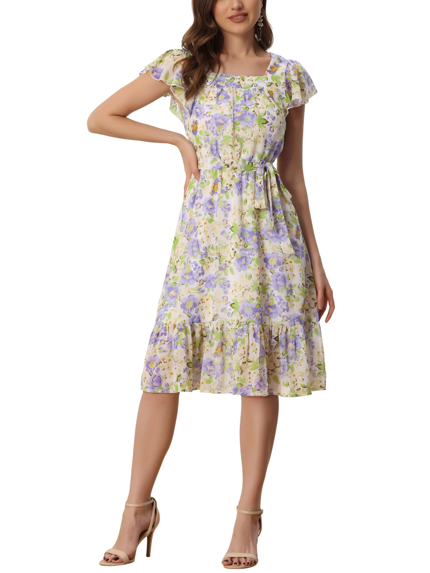 DARING DIVA Square Neck Flutter Sleeve A-Line Midi Dress S Light Purple