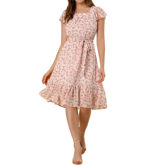 DARING DIVA Square Neck Flutter Sleeve A-Line Midi Dress S Pink White