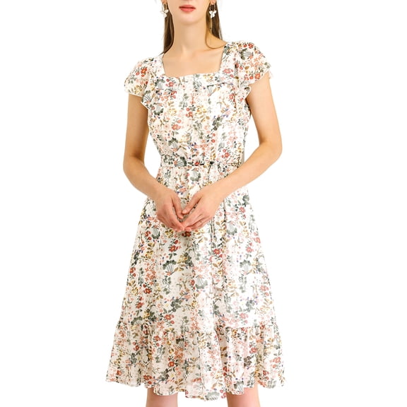 DARING DIVA Square Neck Flutter Sleeve A-Line Midi Dress S White