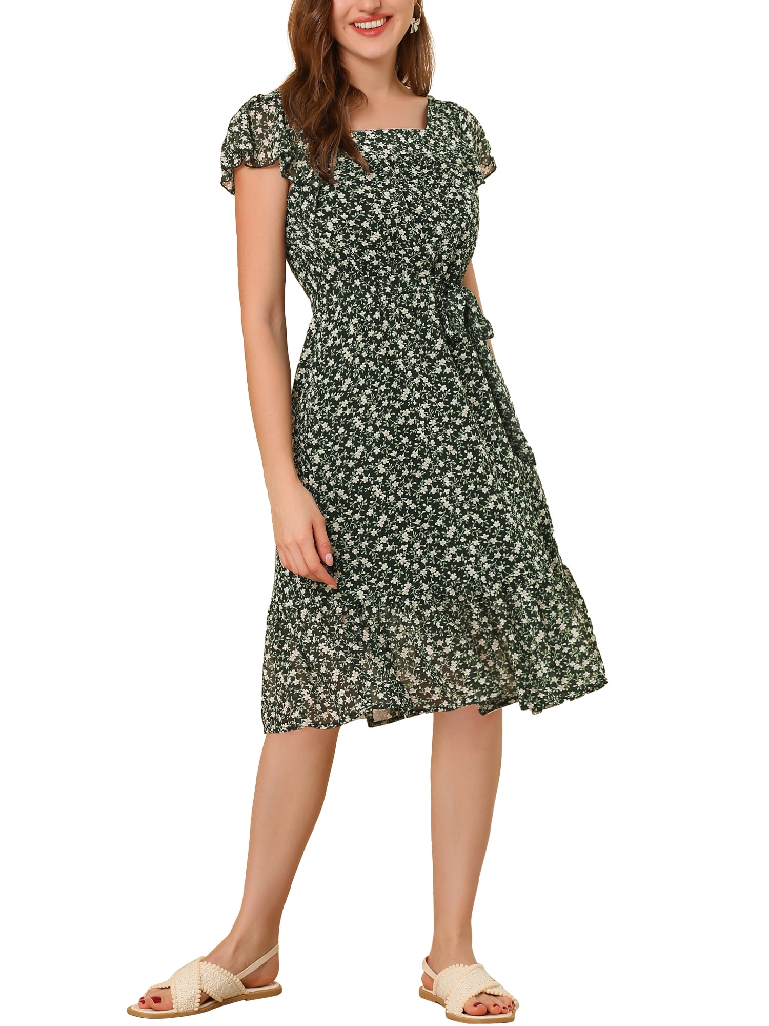 DARING DIVA Square Neck Flutter Sleeve A-Line Midi Dress XL Black