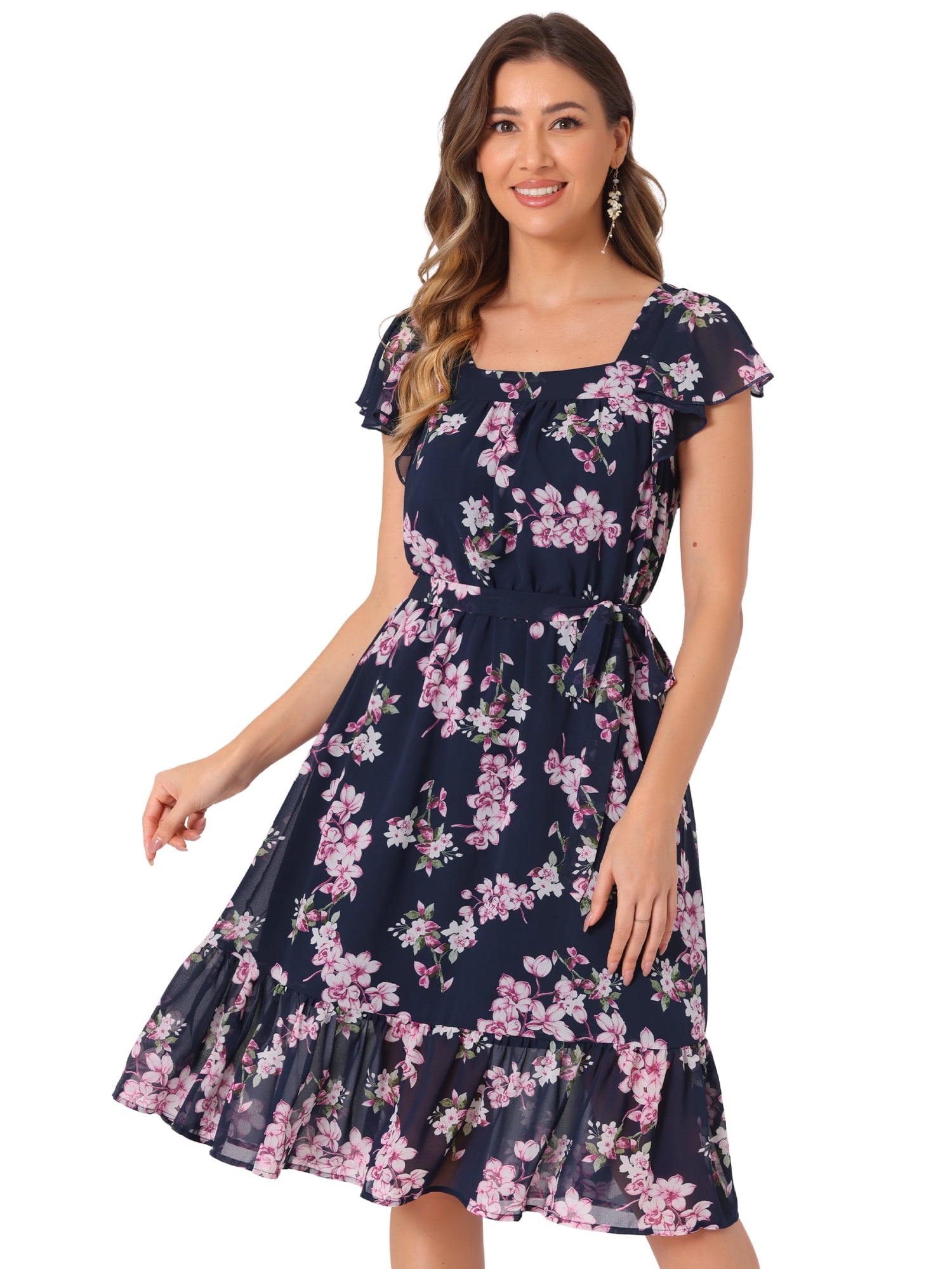 DARING DIVA Square Neck Flutter Sleeve A-Line Midi Dress XL Blue Pink