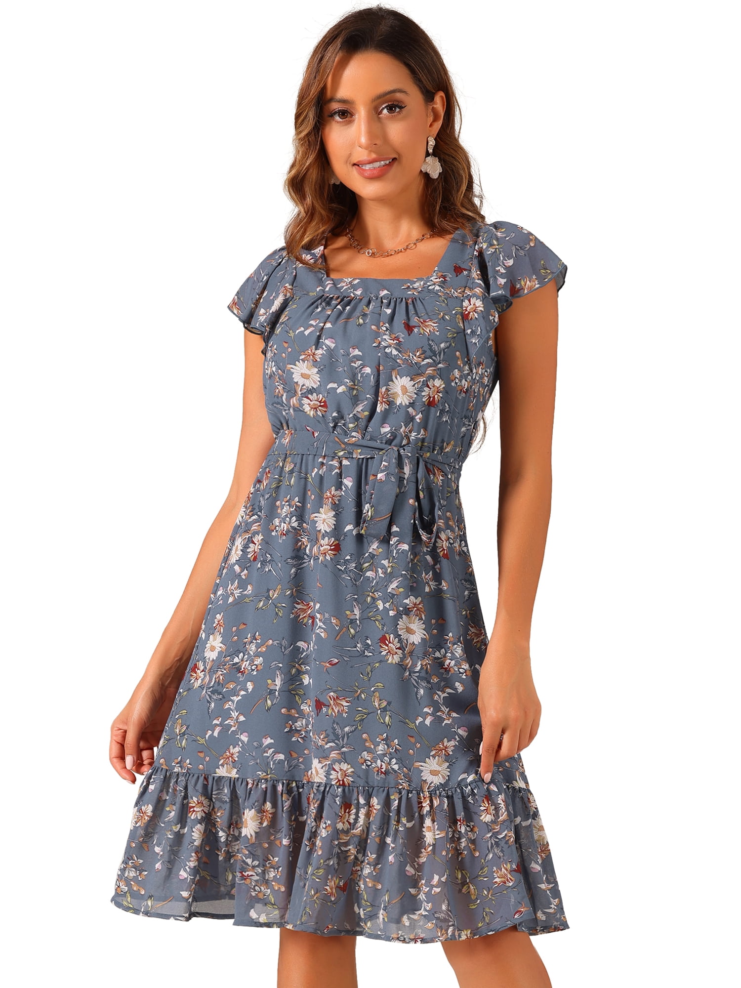 DARING DIVA Square Neck Flutter Sleeve A-Line Midi Dress XL Dusty Blue