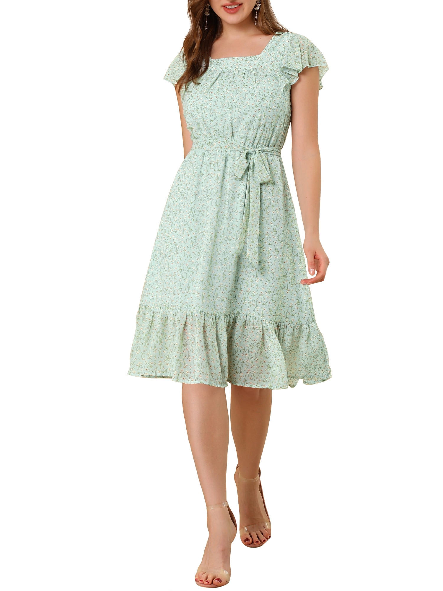 DARING DIVA Square Neck Flutter Sleeve A-Line Midi Dress XL Light Blue