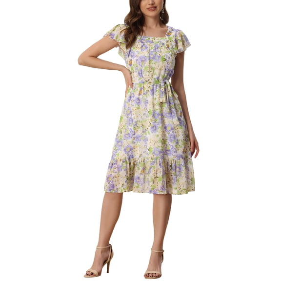 DARING DIVA Square Neck Flutter Sleeve A-Line Midi Dress XL Light Purple