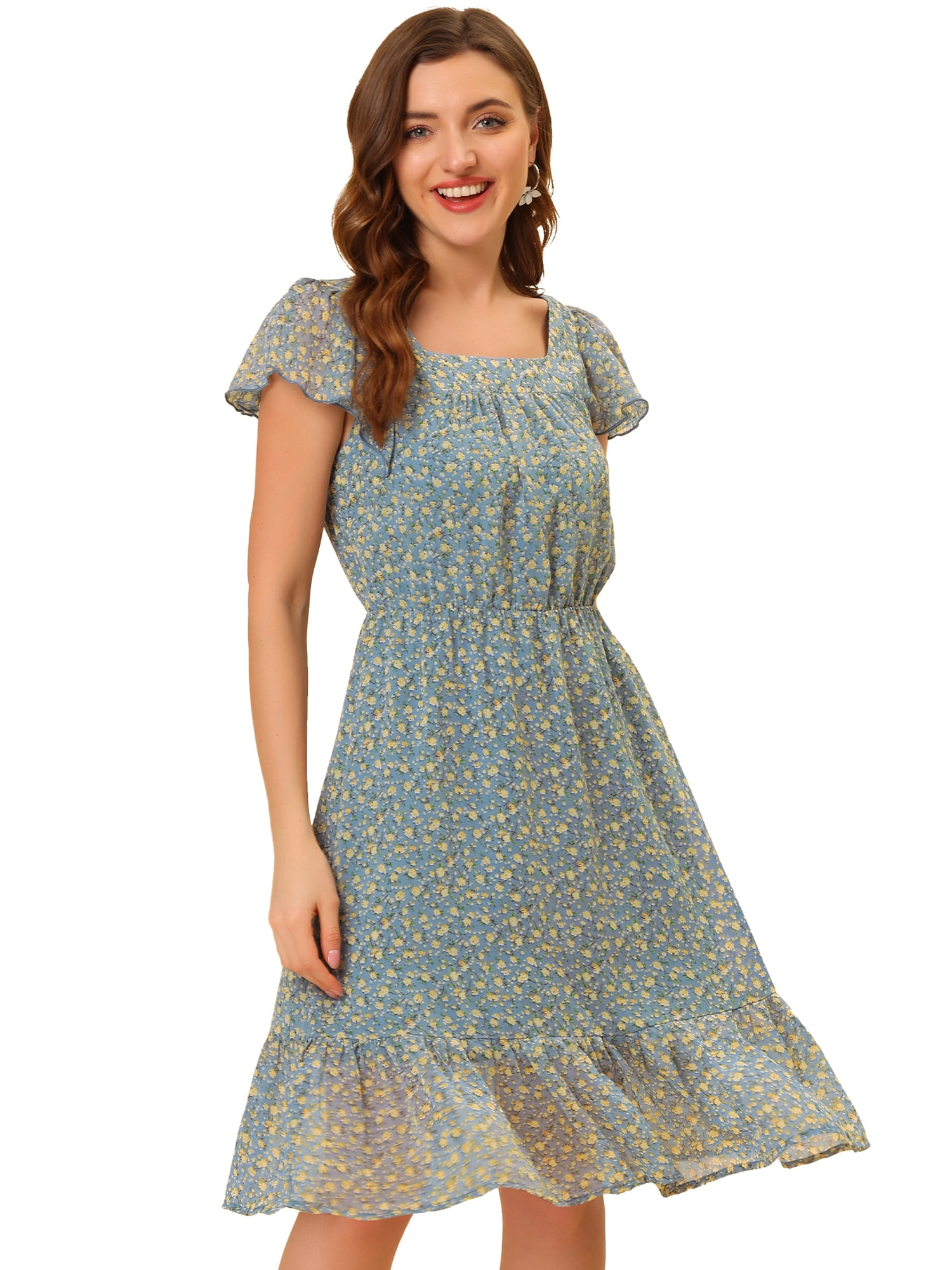 DARING DIVA Square Neck Flutter Sleeve A-Line Midi Dress XS Blue Gray